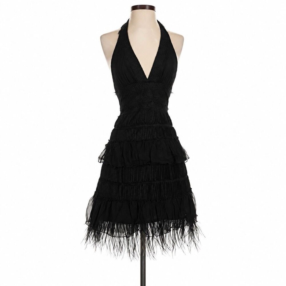 BCBGMAXAZRIA Black Halter Lace Tiered Feather Hem Cocktail Dress Size 0
